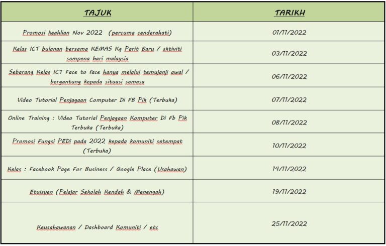 jadual aktiviti november